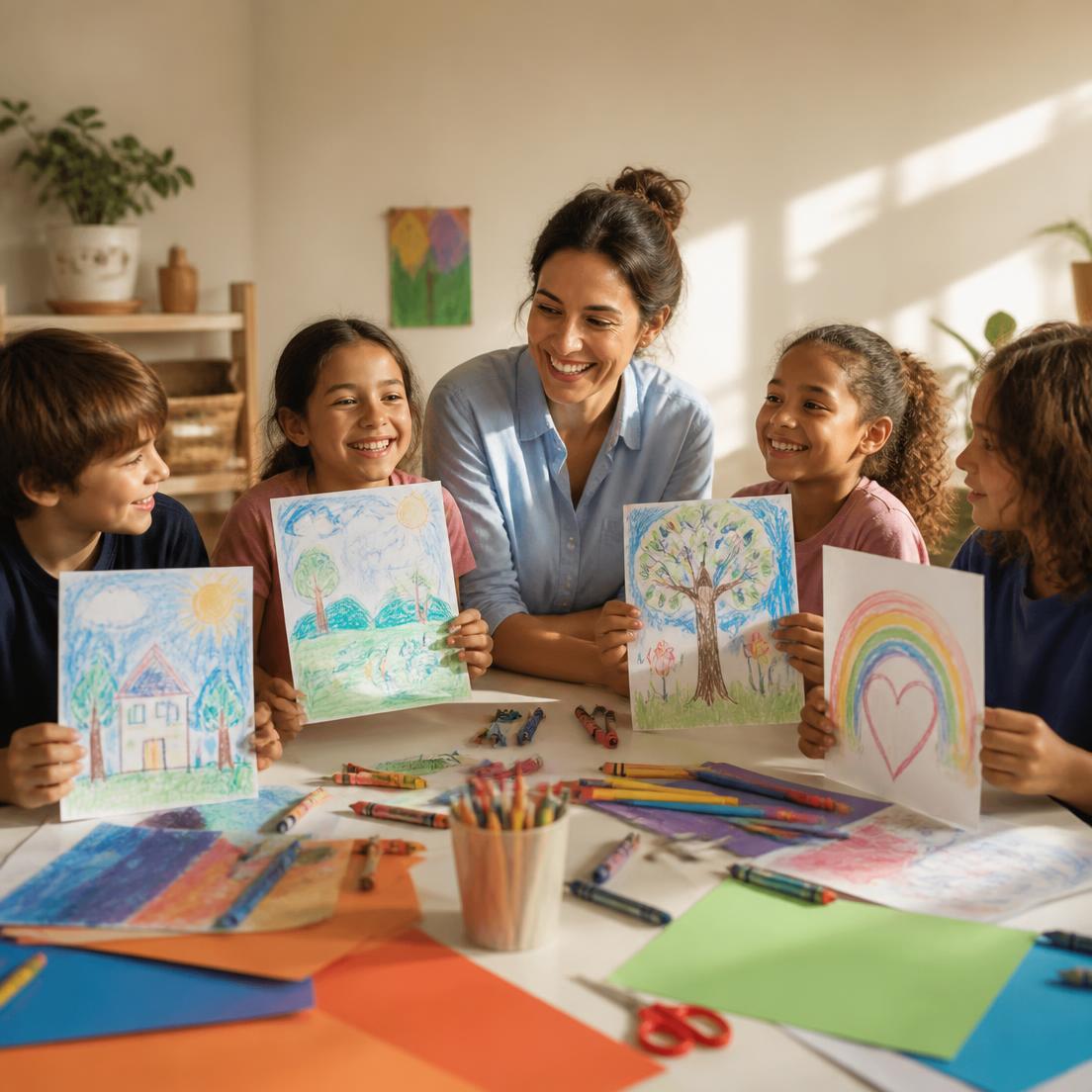 A teacher and a group of smiling children holding up their own colourful drawings at a craft table